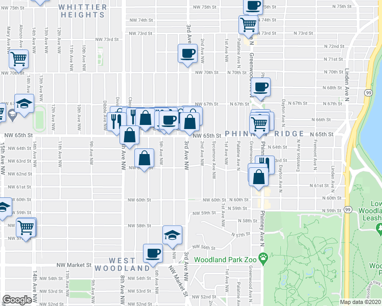 map of restaurants, bars, coffee shops, grocery stores, and more near 300 Northwest 62nd Street in Seattle