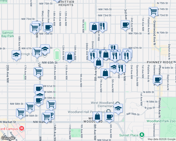 map of restaurants, bars, coffee shops, grocery stores, and more near 822 Northwest 63rd Street in Seattle
