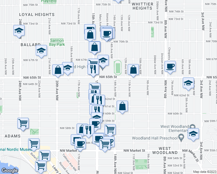 map of restaurants, bars, coffee shops, grocery stores, and more near 1420 Northwest 63rd Street in Seattle