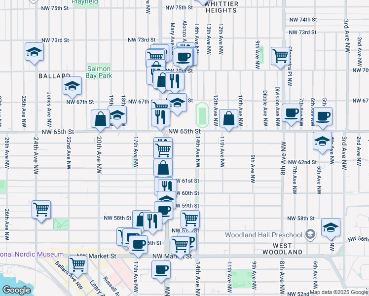 map of restaurants, bars, coffee shops, grocery stores, and more near 1420 Northwest 63rd Street in Seattle