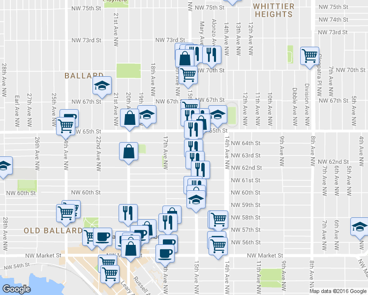 map of restaurants, bars, coffee shops, grocery stores, and more near 1531b Northwest 63rd Street in Seattle