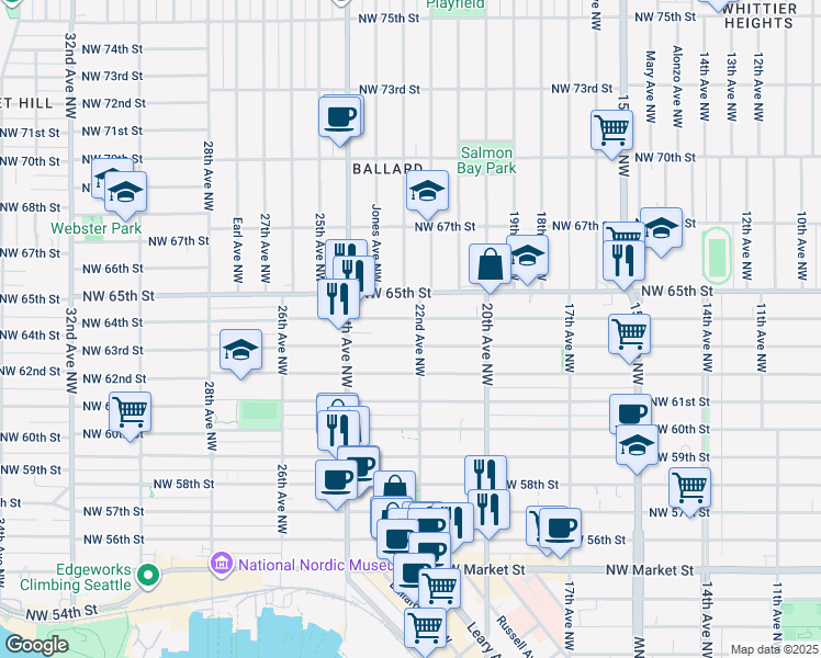map of restaurants, bars, coffee shops, grocery stores, and more near 2201 Northwest 63rd Street in Seattle