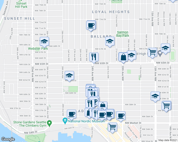 map of restaurants, bars, coffee shops, grocery stores, and more near 2401 Northwest 63rd Street in Seattle
