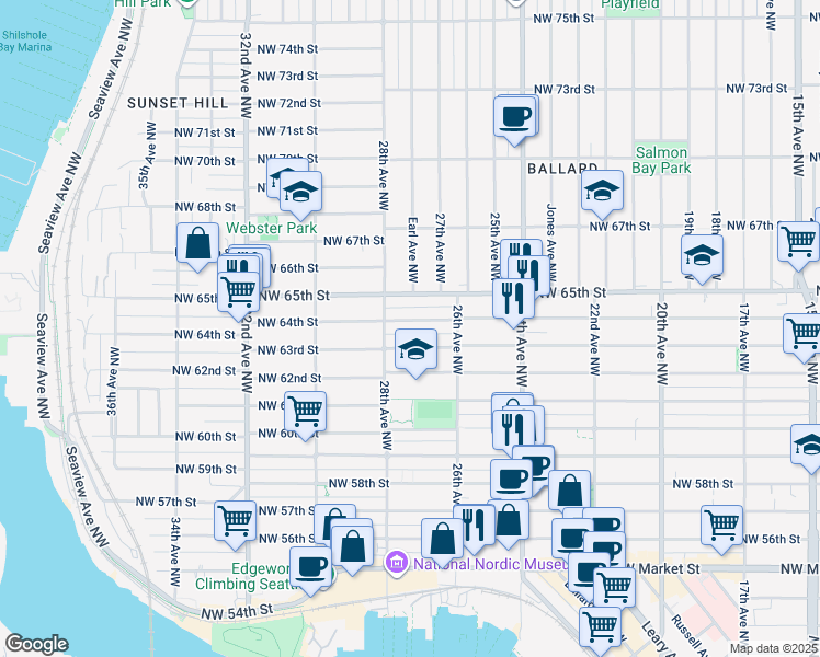 map of restaurants, bars, coffee shops, grocery stores, and more near 2651 Northwest 63rd Street in Seattle