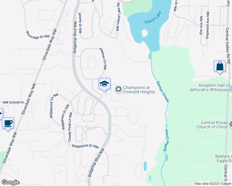 map of restaurants, bars, coffee shops, grocery stores, and more near 1260 Northwest Pinnacle Court in Silverdale