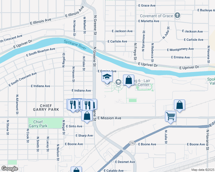 map of restaurants, bars, coffee shops, grocery stores, and more near 1810 North Greene Street in Spokane
