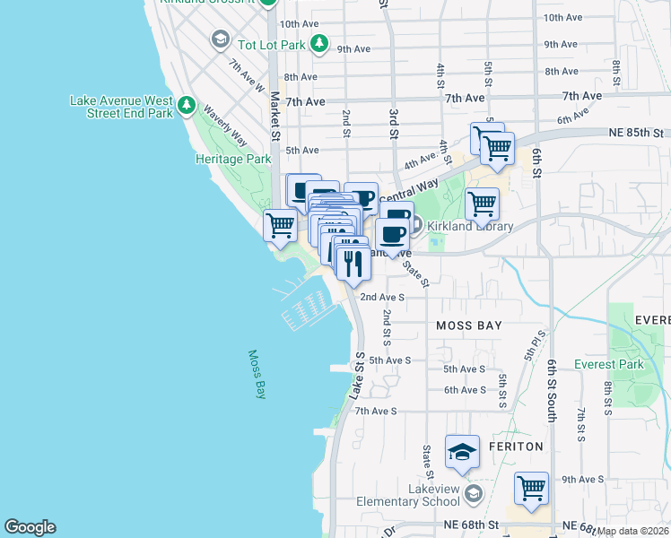 map of restaurants, bars, coffee shops, grocery stores, and more near 127 Lake Street South in Kirkland