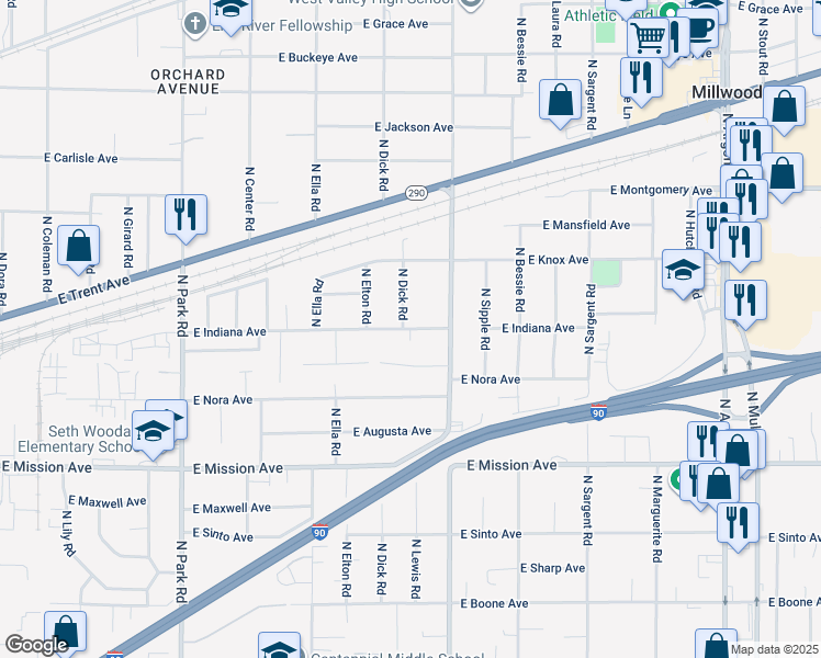 map of restaurants, bars, coffee shops, grocery stores, and more near East Indiana Avenue in Spokane