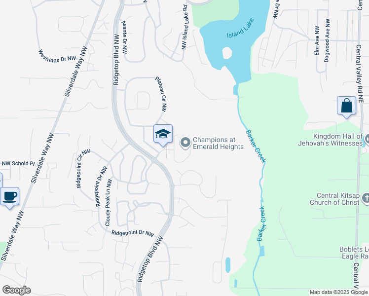 map of restaurants, bars, coffee shops, grocery stores, and more near 1260 Northwest Pinnacle Court in Silverdale