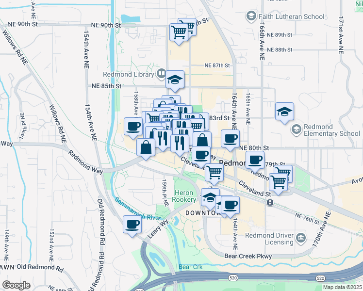 map of restaurants, bars, coffee shops, grocery stores, and more near 8137 161st Avenue Northeast in Redmond