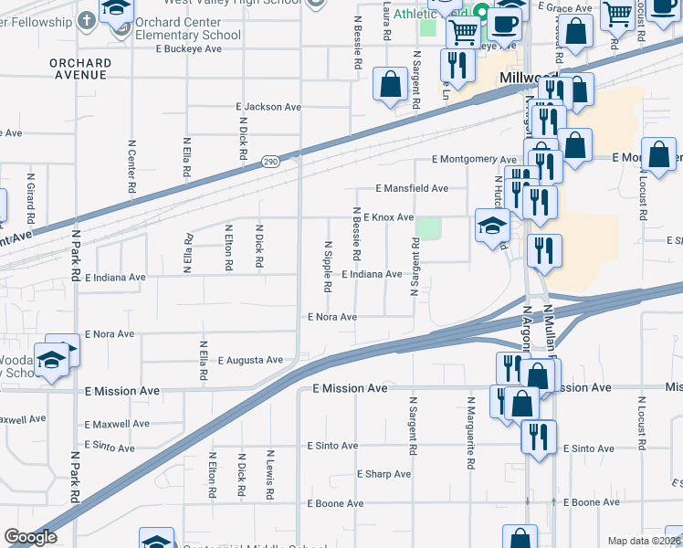 map of restaurants, bars, coffee shops, grocery stores, and more near East Indiana Avenue in Spokane Valley