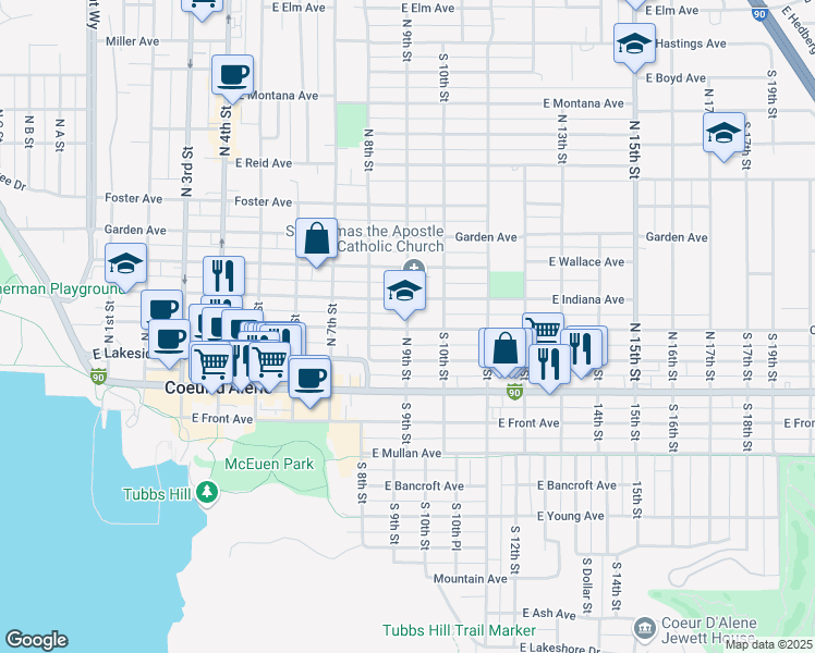 map of restaurants, bars, coffee shops, grocery stores, and more near 311 North 9th Street in Coeur d'Alene