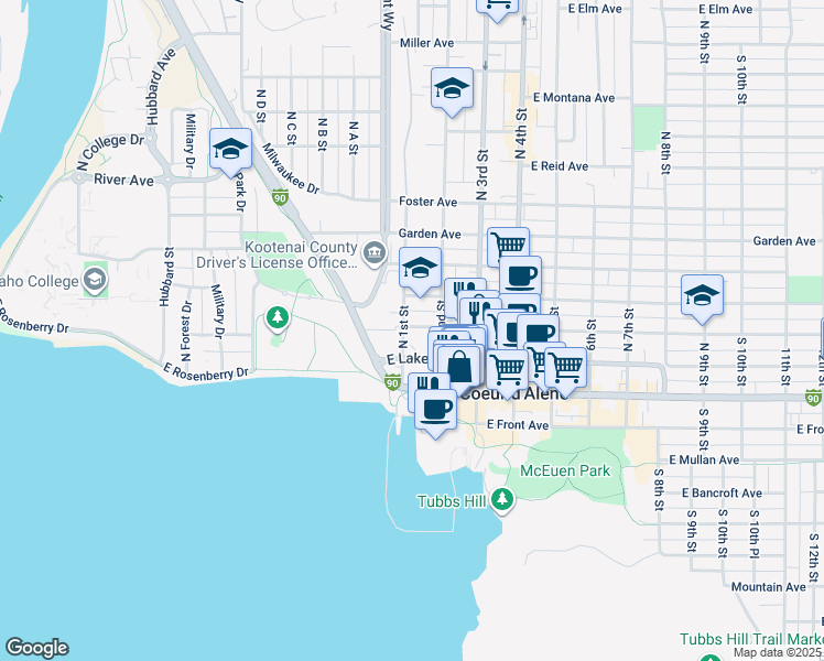 map of restaurants, bars, coffee shops, grocery stores, and more near 101 East Lakeside Avenue in Coeur d'Alene