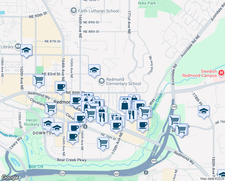 map of restaurants, bars, coffee shops, grocery stores, and more near 7960 169th Avenue Northeast in Redmond
