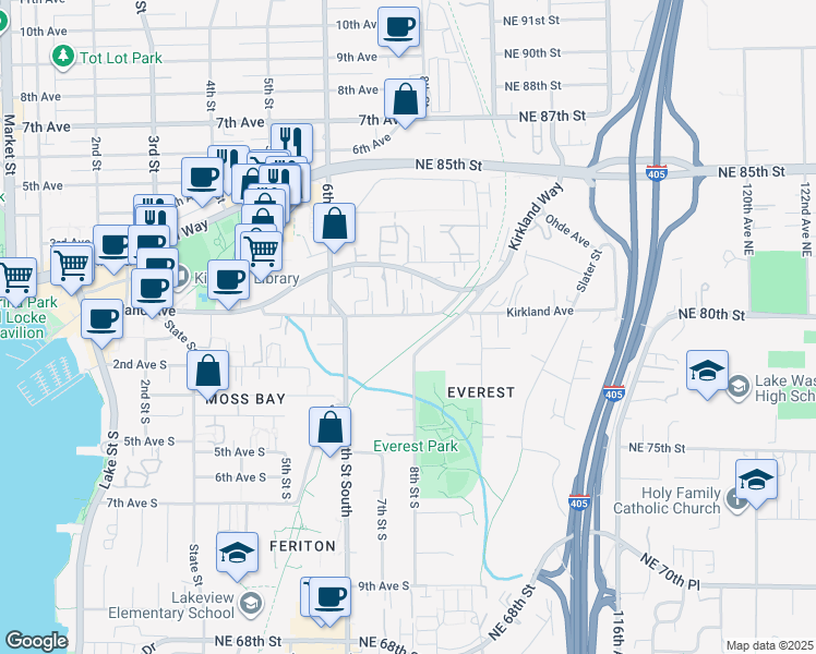 map of restaurants, bars, coffee shops, grocery stores, and more near 805 Kirkland Avenue in Kirkland