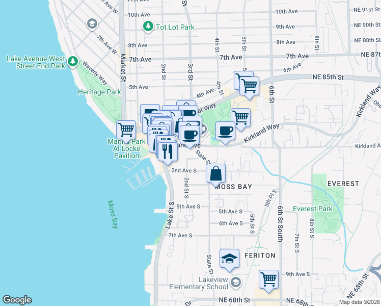 map of restaurants, bars, coffee shops, grocery stores, and more near 100-198,101-199 2nd Place in Kirkland