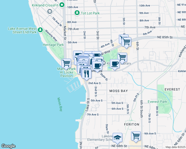 map of restaurants, bars, coffee shops, grocery stores, and more near 108 2nd Avenue South in Kirkland
