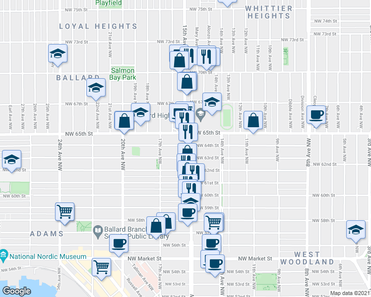 map of restaurants, bars, coffee shops, grocery stores, and more near 6212 15th Avenue Northwest in Seattle
