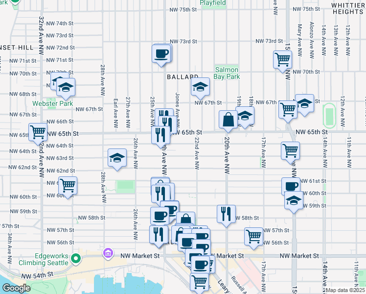 map of restaurants, bars, coffee shops, grocery stores, and more near 2235 Northwest 63rd Street in Seattle