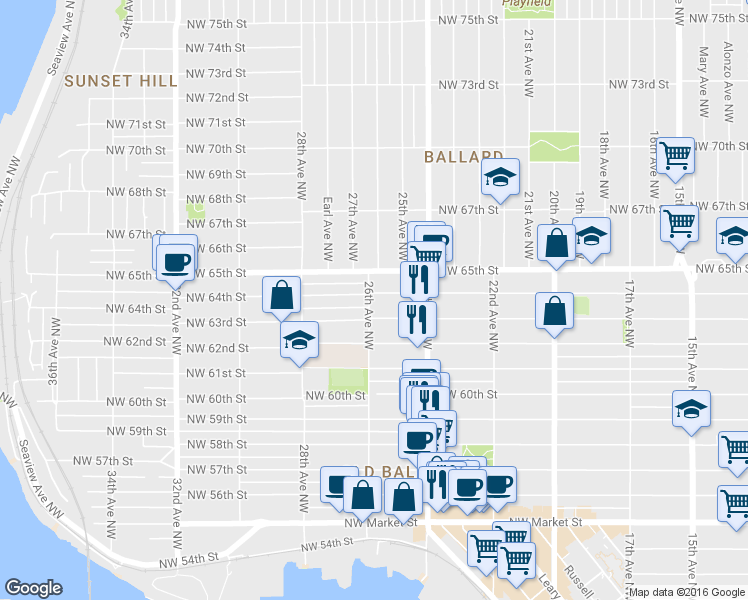 map of restaurants, bars, coffee shops, grocery stores, and more near 2441A Northwest 63rd Street in Seattle