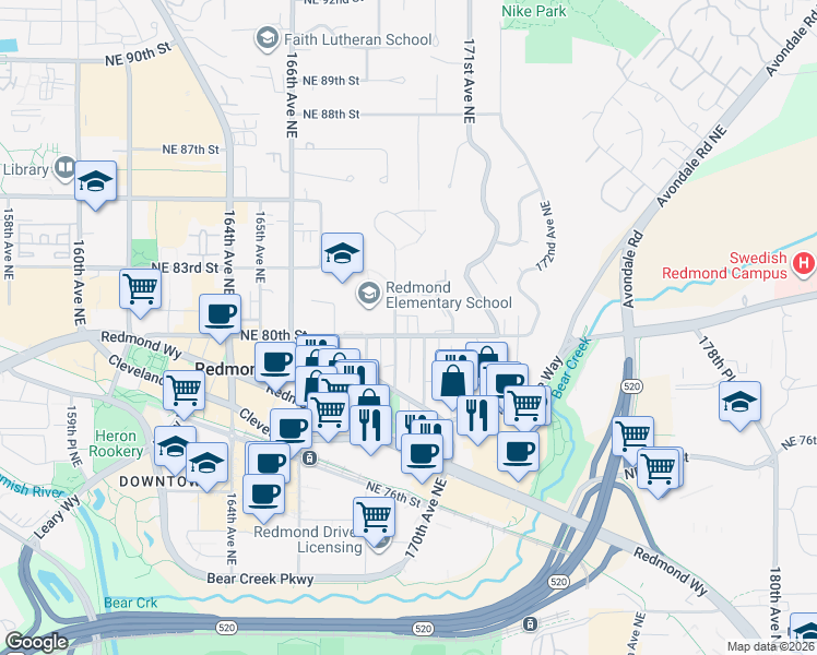 map of restaurants, bars, coffee shops, grocery stores, and more near 7960 169th Avenue Northeast in Redmond