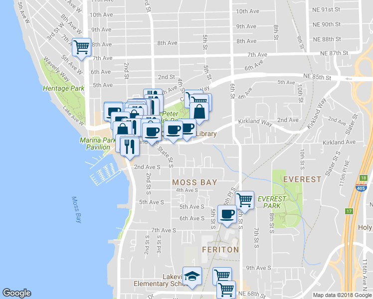 map of restaurants, bars, coffee shops, grocery stores, and more near 375 Kirkland Avenue in Kirkland