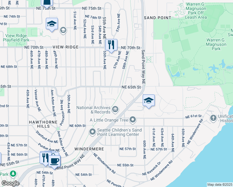 map of restaurants, bars, coffee shops, grocery stores, and more near 6359 58th Avenue Northeast in Seattle