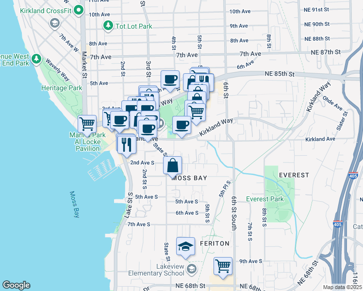 map of restaurants, bars, coffee shops, grocery stores, and more near 375 Kirkland Avenue in Kirkland