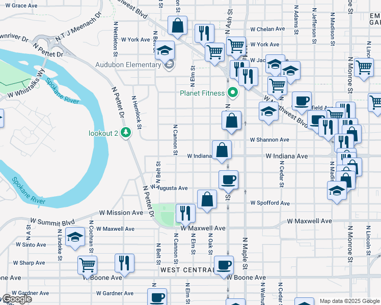 map of restaurants, bars, coffee shops, grocery stores, and more near 1904 West Indiana Avenue in Spokane