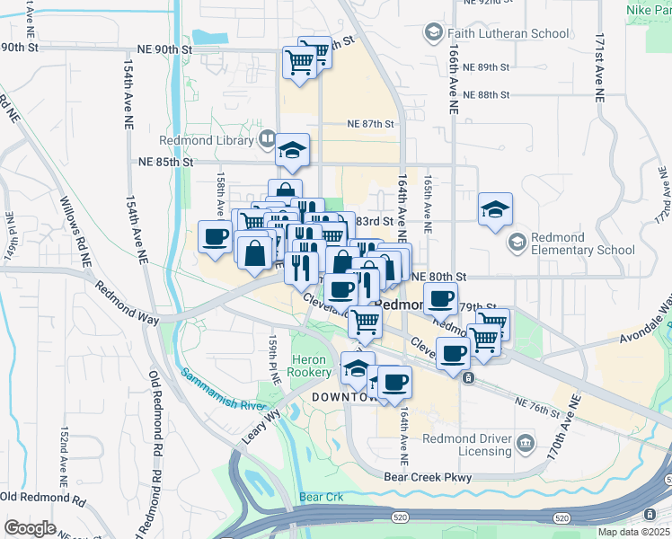 map of restaurants, bars, coffee shops, grocery stores, and more near 8020 161st Avenue Northeast in Redmond
