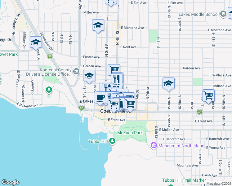 map of restaurants, bars, coffee shops, grocery stores, and more near 202 North 4th Street in Coeur d'Alene
