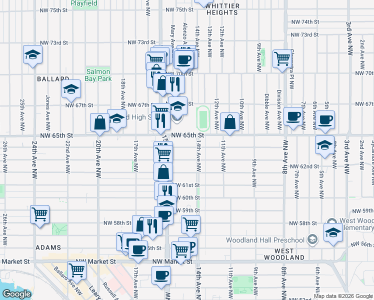 map of restaurants, bars, coffee shops, grocery stores, and more near 1419 Northwest 64th Street in Seattle
