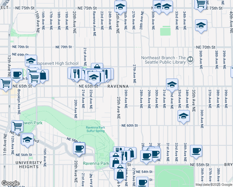 map of restaurants, bars, coffee shops, grocery stores, and more near 6221 25th Avenue Northeast in Seattle
