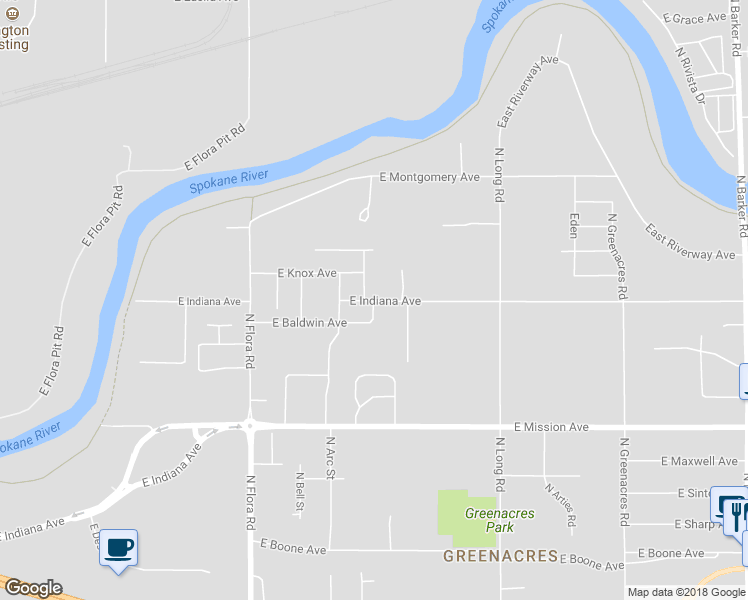 map of restaurants, bars, coffee shops, grocery stores, and more near 17501 East Indiana Avenue in Spokane Valley