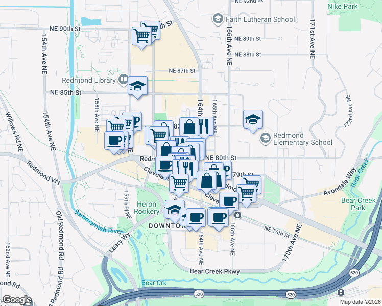map of restaurants, bars, coffee shops, grocery stores, and more near 16310 Northeast 80th Street in Redmond