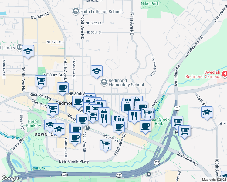 map of restaurants, bars, coffee shops, grocery stores, and more near 16910 Northeast 80th Street in Redmond