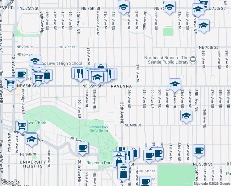 map of restaurants, bars, coffee shops, grocery stores, and more near 2315 Northeast 65th Street in Seattle