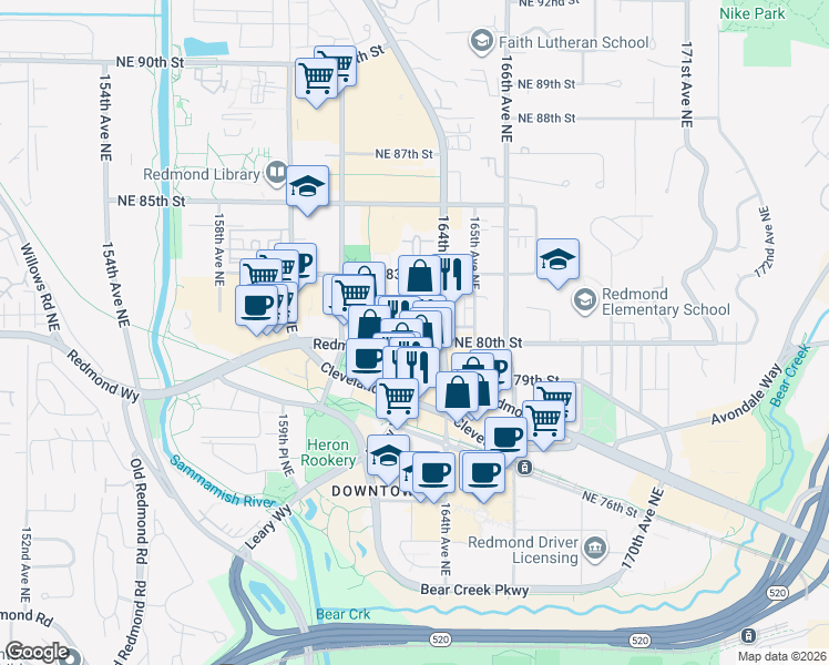 map of restaurants, bars, coffee shops, grocery stores, and more near 16310 Northeast 80th Street in Redmond