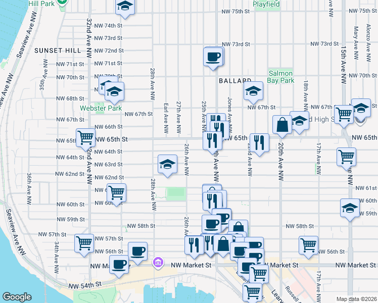 map of restaurants, bars, coffee shops, grocery stores, and more near 2441A Northwest 63rd Street in Seattle