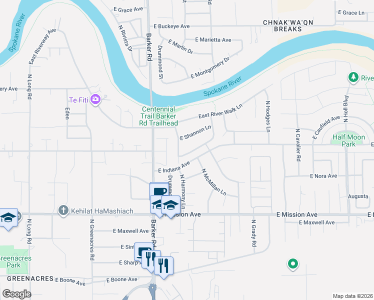 map of restaurants, bars, coffee shops, grocery stores, and more near 18927 East Michielli Lane in Spokane Valley
