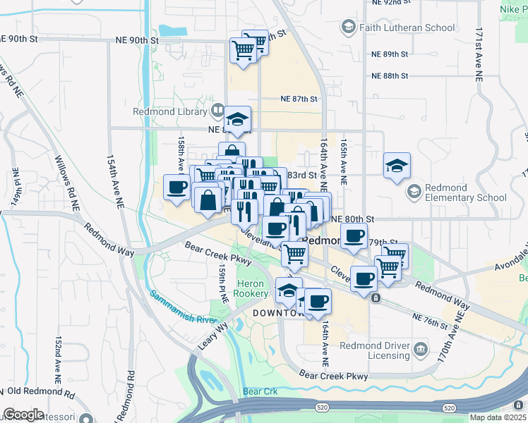 map of restaurants, bars, coffee shops, grocery stores, and more near 8020 161st Avenue Northeast in Redmond