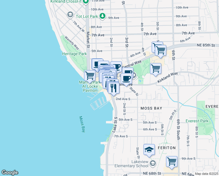 map of restaurants, bars, coffee shops, grocery stores, and more near 112 Lake Street South in Kirkland