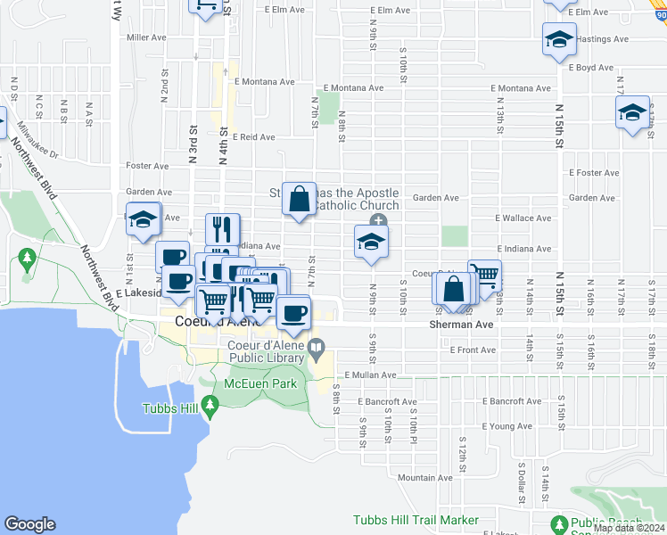 map of restaurants, bars, coffee shops, grocery stores, and more near 723 Coeur D Alene Avenue in Coeur d'Alene
