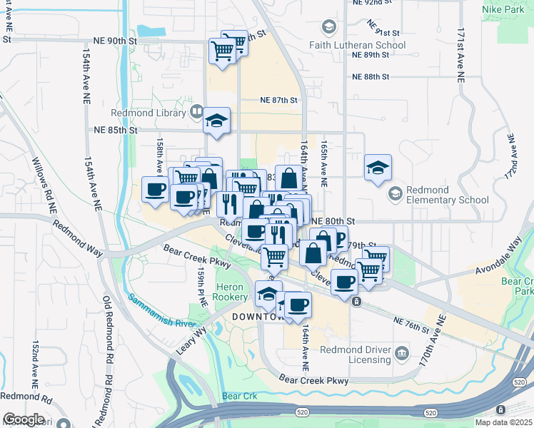 map of restaurants, bars, coffee shops, grocery stores, and more near 16210 Northeast 80th Street in Redmond
