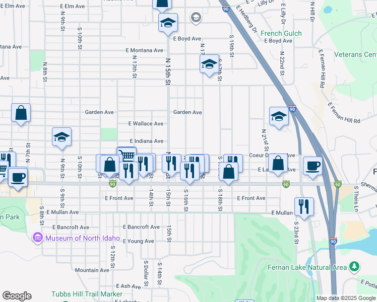 map of restaurants, bars, coffee shops, grocery stores, and more near 1603 East Lakeside Avenue in Coeur d'Alene