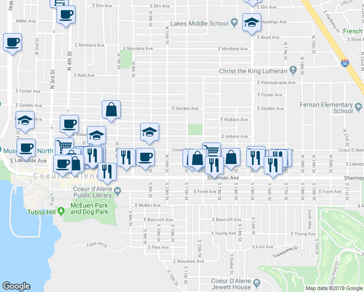 map of restaurants, bars, coffee shops, grocery stores, and more near 1101 East Lakeside Avenue in Coeur d'Alene