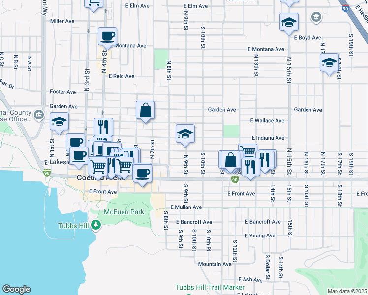 map of restaurants, bars, coffee shops, grocery stores, and more near 218 North 9th Street in Coeur d'Alene