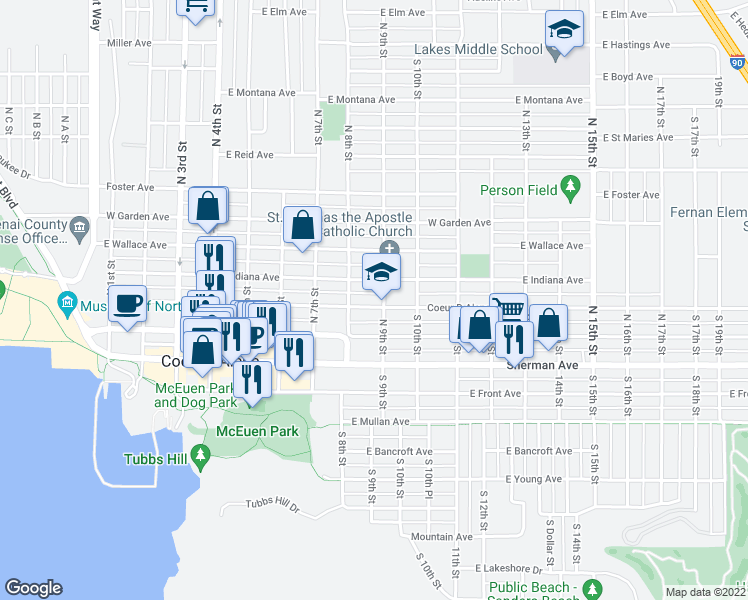 map of restaurants, bars, coffee shops, grocery stores, and more near 218 North 9th Street in Coeur d'Alene