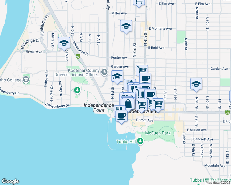 map of restaurants, bars, coffee shops, grocery stores, and more near 101 East Lakeside Avenue in Coeur d'Alene