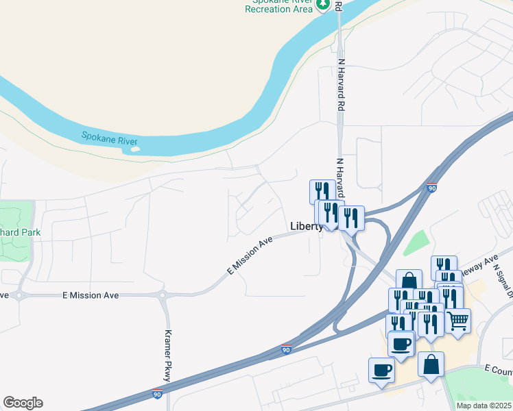 map of restaurants, bars, coffee shops, grocery stores, and more near 21504 East Rockrose Lane in Liberty Lake